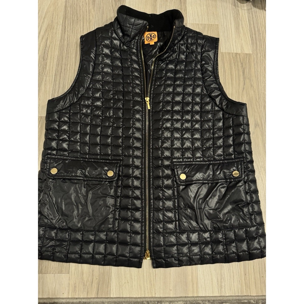TORY BURCH Pink Quilted Puffer  Jacket Vest Gold LOGO Snap Buttons Size Large
